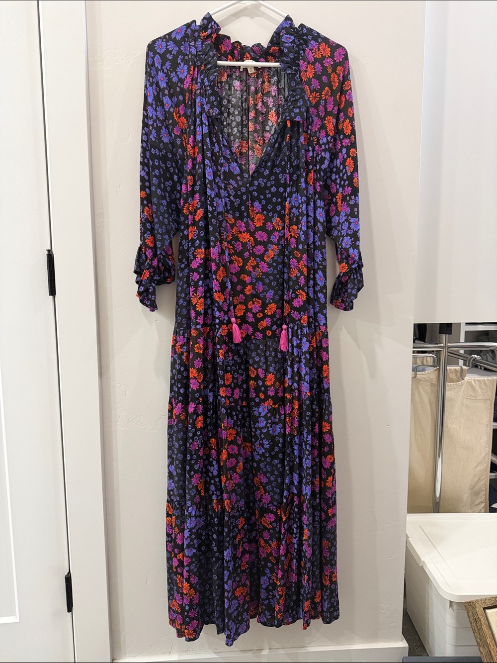 Black Floral Maxi Dress with Purple and Red Blooms
